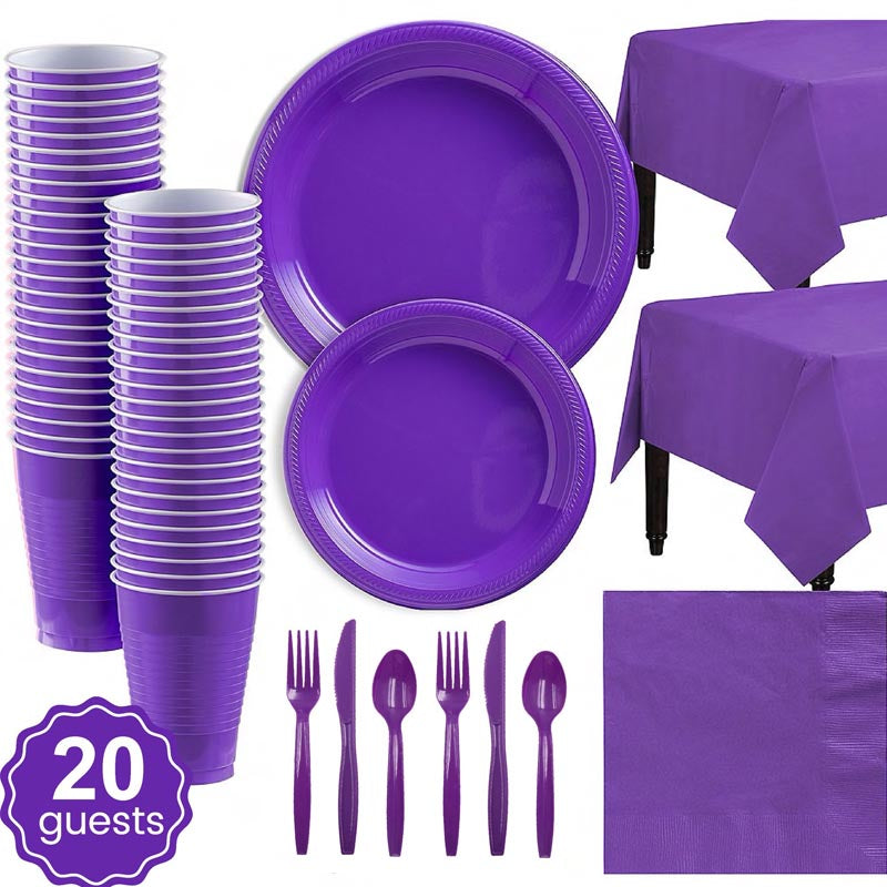 Purple plastic party dinnerware set. 7 inch and 9 inch purple colored party plastic plates and dessert plates, 16oz cups, cutlery, purple tablecloth, napkins for parties, colour theme parties. 