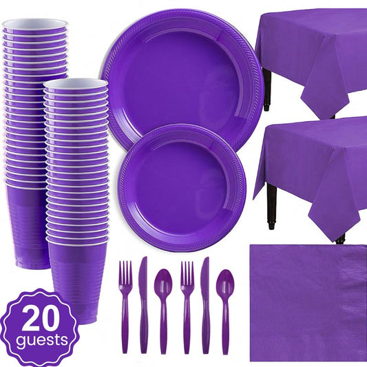Purple plastic party dinnerware set. 7 inch and 9 inch purple colored party plastic plates and dessert plates, 16oz cups, cutlery, purple tablecloth, napkins for parties, colour theme parties. 