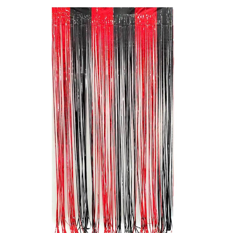 red and black colored party backdrop foil fringe curtains, foil tinsel streamers for party decorations, photo booth, wedding, engagement, birthday, baby shower, disco party