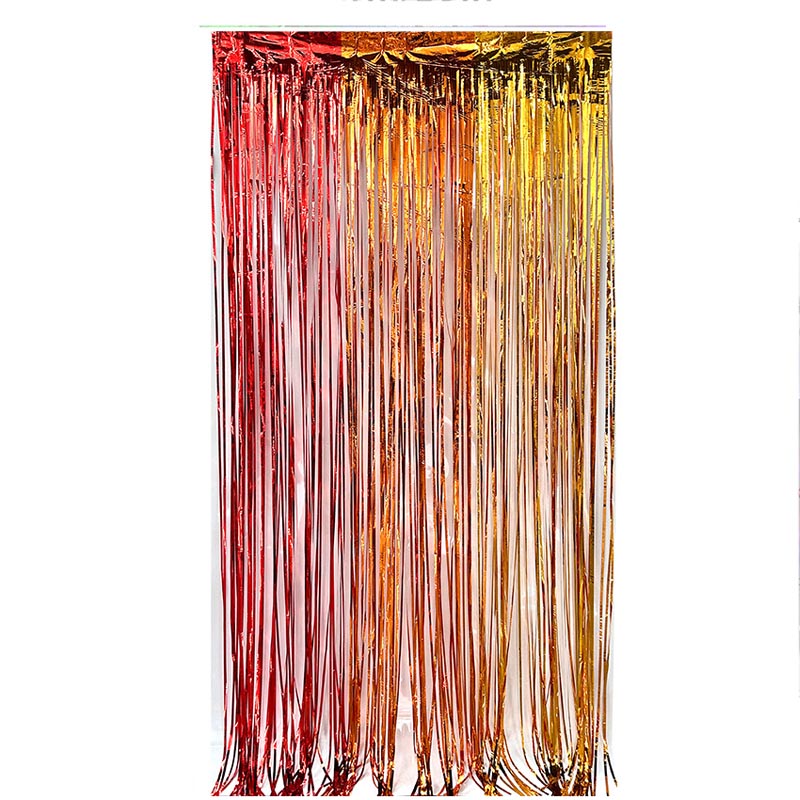 Red, bronze and gold colored party backdrop foil fringe curtains, foil tinsel streamers for party decorations, photo booth, wedding, engagement, birthday, baby shower, disco party