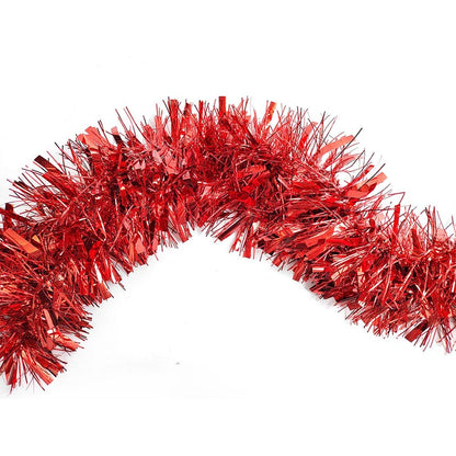 Colorful green, purple, hot pink, silver, blue, red, yellow metallic tinsel garland hanging for decorations, Christmas, birthday, wedding, anniversary, engagement 