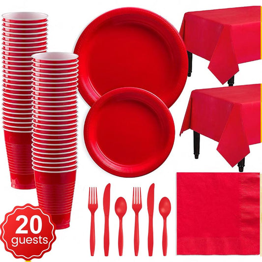 Red plastic party dinnerware set. 7 inch and 9 inch red colored party plastic plates and dessert plates, 16oz cups, cutlery, red tablecloth, napkins for parties, colour theme parties. 