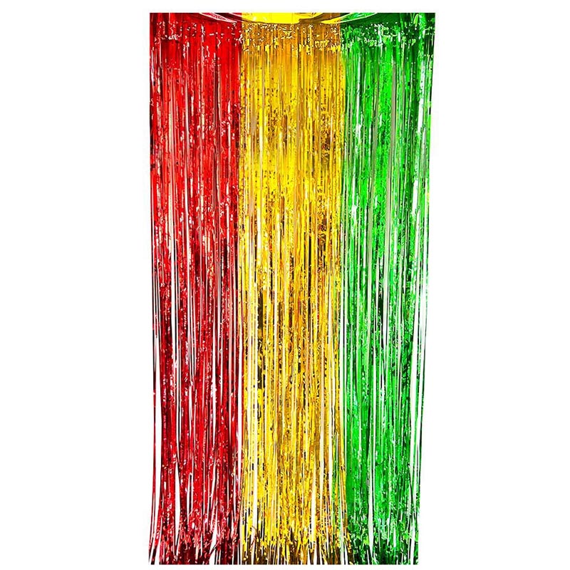 Red, yellow and green colored party backdrop foil fringe curtains, foil tinsel streamers for party decorations, photo booth, wedding, engagement, birthday, baby shower, disco party