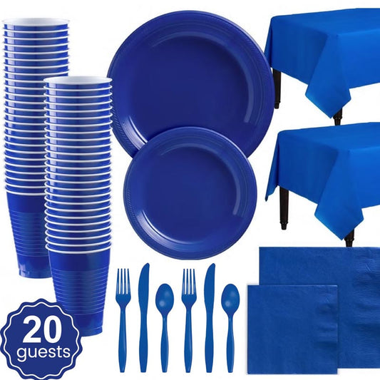 Royal blue plastic party dinnerware set. 7 inch and 9 inch royal blue colored party plastic plates and dessert plates, 16oz cups, cutlery, royal blue tablecloth, napkins for parties, colour theme parties. 