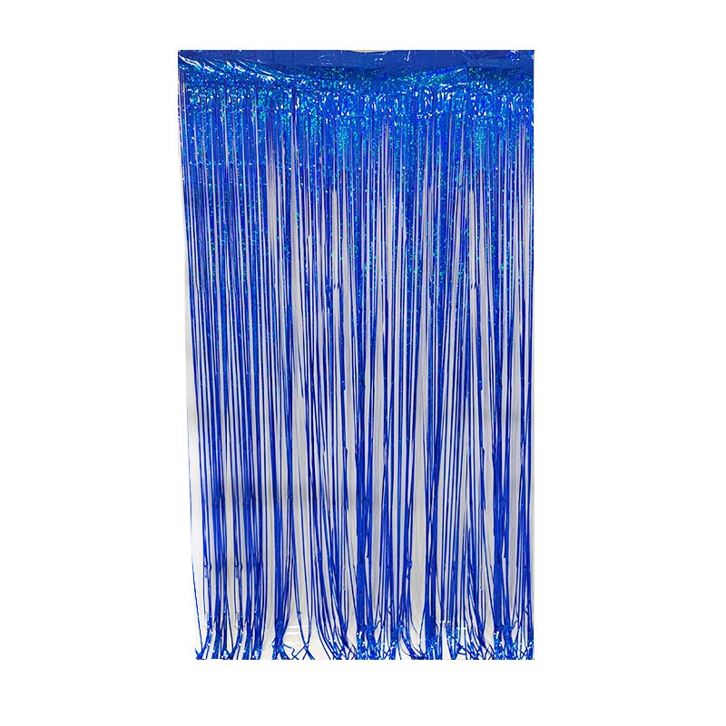 Shiny blue party backdrop foil fringe curtains, foil tinsel streamers for party decorations, photo booth, wedding, engagement, birthday, baby shower, disco party