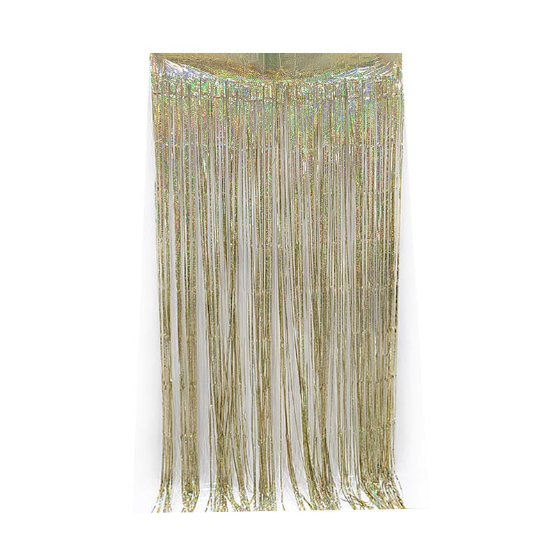 Shiny champagne party backdrop foil fringe curtains, foil tinsel streamers for party decorations, photo booth, wedding, engagement, birthday, baby shower, disco party