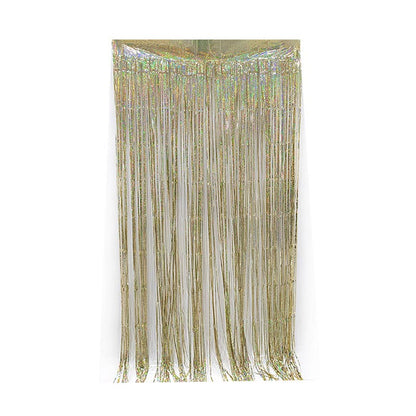 Shiny champagne party backdrop foil fringe curtains, foil tinsel streamers for party decorations, photo booth, wedding, engagement, birthday, baby shower, disco party
