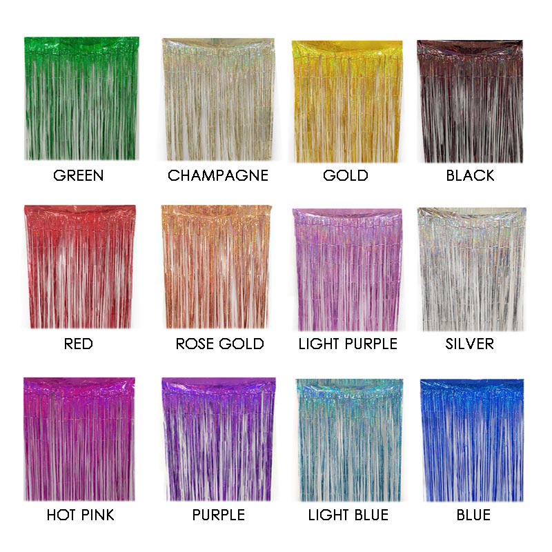 Shiny colored party backdrop foil fringe curtains, foil tinsel streamers for party decorations, photo booth, wedding, engagement, birthday, baby shower, disco party