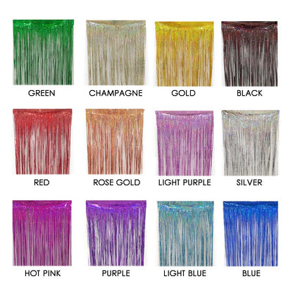 Shiny colored party backdrop foil fringe curtains, foil tinsel streamers for party decorations, photo booth, wedding, engagement, birthday, baby shower, disco party