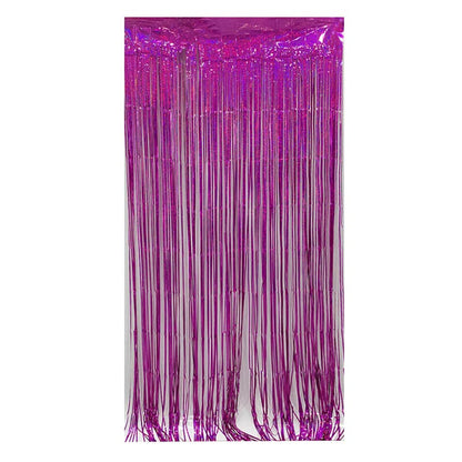Shiny hot pink party backdrop foil fringe curtains, foil tinsel streamers for party decorations, photo booth, wedding, engagement, birthday, baby shower, disco party