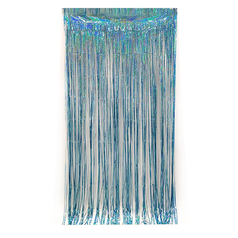 Shiny light blue party backdrop foil fringe curtains, foil tinsel streamers for party decorations, photo booth, wedding, engagement, birthday, baby shower, disco party