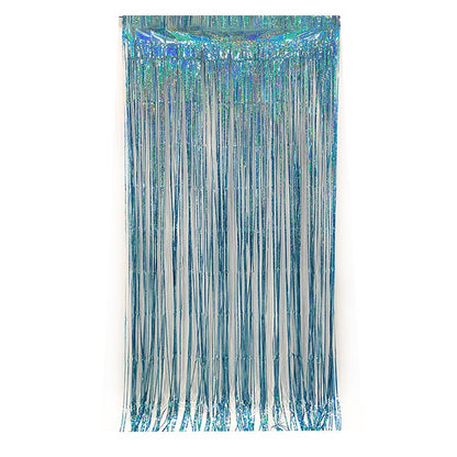 Shiny light blue party backdrop foil fringe curtains, foil tinsel streamers for party decorations, photo booth, wedding, engagement, birthday, baby shower, disco party