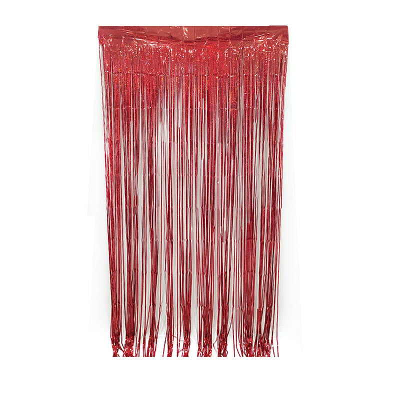 Shiny red party backdrop foil fringe curtains, foil tinsel streamers for party decorations, photo booth, wedding, engagement, birthday, baby shower, disco party