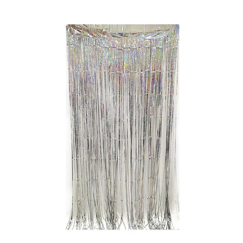 Shiny silver party backdrop foil fringe curtains, foil tinsel streamers for party decorations, photo booth, wedding, engagement, birthday, baby shower, disco party