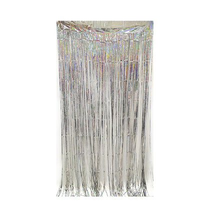 Shiny silver party backdrop foil fringe curtains, foil tinsel streamers for party decorations, photo booth, wedding, engagement, birthday, baby shower, disco party