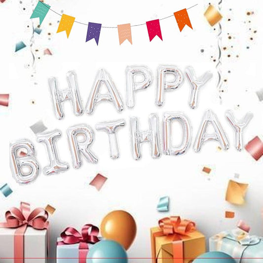 16 Inch Happy Birthday word foil letter balloon bunting banner silver color for birthday party, kids, girls, boys, man and woman  