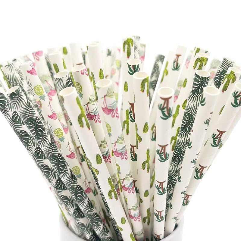 Summer style biodegradable paper straws for drinks. Pattern includes palm tree, flamingo, pineapple, leaf, cactus. 