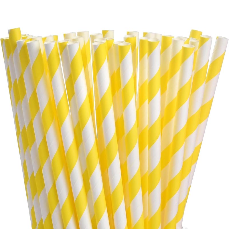 Yellow and white striped biodegradable paper straw for drinks