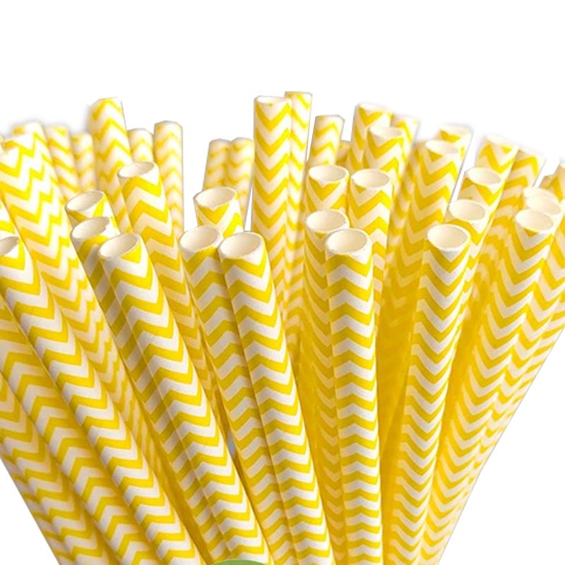 Yellow and white wave patterned biodegradable paper straw for drinks