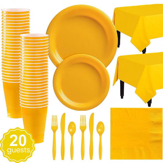 Yellow plastic party dinnerware set. 7 inch and 9 inch yellow colored party plastic plates and dessert plates, 16oz cups, cutlery, yellow tablecloth, napkins for parties, colour theme parties. 